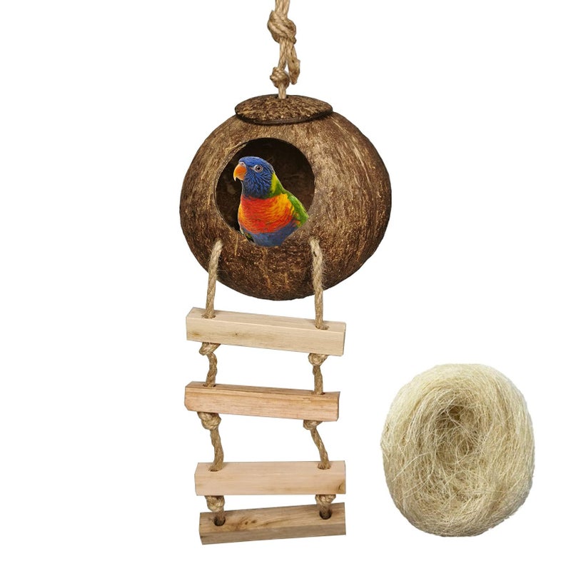Hamiledyi Hanging Bird House with Ladder Natural Coconut Fiber Shell Bird Nest Breeding for Parrot Parakeet Lovebird Finch Canary Coconut Hide Bird Swing Toys for Hamster Bird Cage Accessories Pet Bird Supplies - Image 1